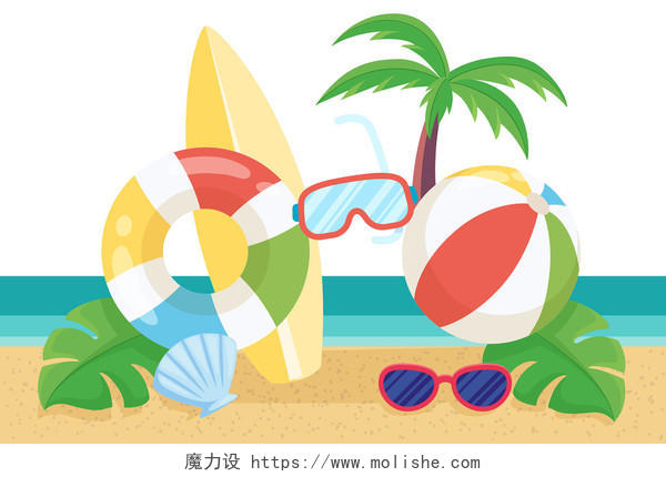 椰子树沙滩眼镜贝壳热带夏日树叶素材
